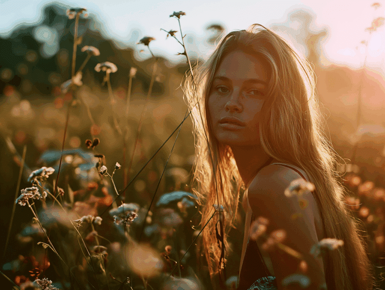 ai generated, woman, female, backlit, sunset, realistic, golden hour, plants, light, beautiful, nature, portrait
